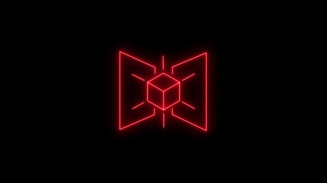A vibrant red neon abstract geometric logo featuring a cube in the center, set against a stark black background. Evokes technology and innovation.