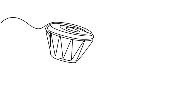 Tamtam animation continuous one line drawing, continuous line drawing of Snare Drum vector icon. Musical instrument single line for decoration, design, invitation jazz festival, music shop, Single pro