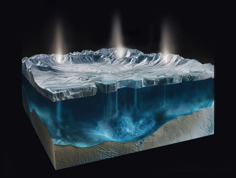 Coupe verticale &agrave; travers la lune Enc&eacute;lade de Saturne montrant l'hypoth&eacute;tique oc&eacute;an sous sa surface glac&eacute;e &eacute;paisse de 5 &agrave; 25 km et les geysers sal&eacute;s s'&eacute;levant des fractures.