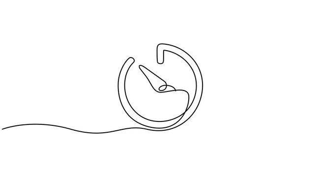 Animated self drawing of continuous line draw  timer, clock, stopwatch. Full length one line animation. 4K, Animated self drawing of continuous line draw of clock on a white background. Save your time