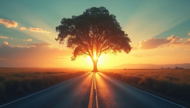 Single tree at road end towards bright sunset. Sun rays shine through branches across grassy field. Warm golden sky with clouds signals journey start or end.