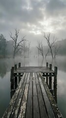 Fototapeta premium Misty lake with wooden dock and bare trees creating moody atmospheric landscape for meditation and tranquility concepts.