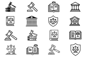Collection of Legal Icons Featuring Gavel, Scales of Justice, Books, and Courthouses