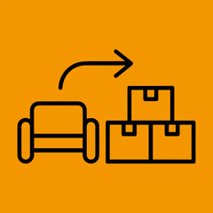 Icon depicting a simplified armchair and stacked boxes with a curved arrow indicating movement.