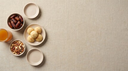Celebratory Eid Mubarak and Kareem Ramadan background with traditional sweets and drinks beautifully arranged on a minimalist beige surface from a bird's eye view