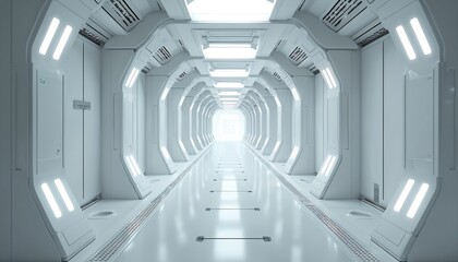 Obraz premium Futuristic white spaceship corridor with glowing lights and metallic floor. Long hallway interior with geometric walls and ceiling, clean sci fi design.