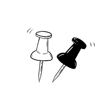 Hand drawn vector illustration of two push pins in black and white line art style. Minimalist office stationery thumbtack icons isolated on white background. Set of pin needles for notice board.