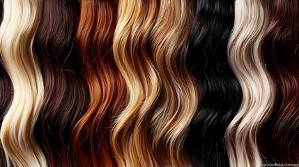 Fototapeta premium Luxurious wavy hair extensions in various natural shades from platinum blonde to deep brunette, showcasing rich color palette for salon styling options.