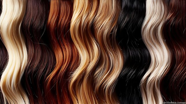 Luxurious wavy hair extensions in various natural shades from platinum blonde to deep brunette, showcasing rich color palette for salon styling options.
