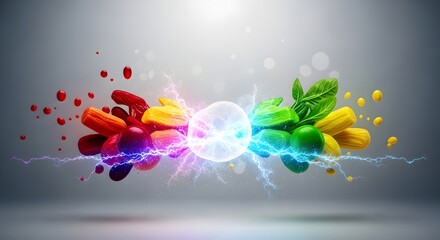 Obraz premium Colorful fruits and vegetables exploding with energy in a dynamic splash