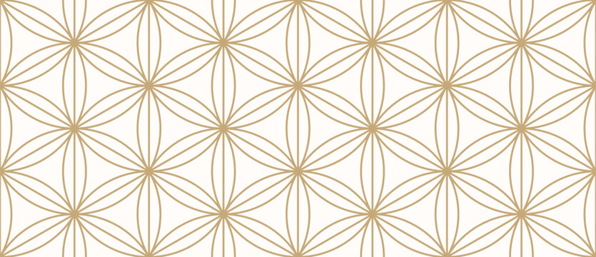 Classic oriental geometric seamless pattern with floral grid, thin lines, hexagons, triangles, flowers, lattice. Abstract minimal golden texture. Luxury outline gold and white background. Geo design