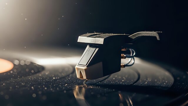 Professional turntable stylus needle on vinyl record with dramatic lighting and dust particles creating atmospheric music production scene.