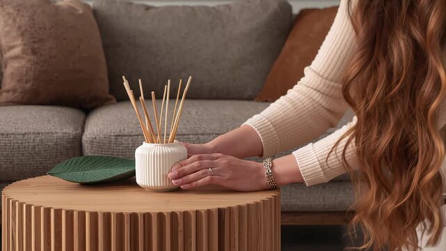 Woman places reed diffuser on wooden table in living room with brown sofa in background during daytime