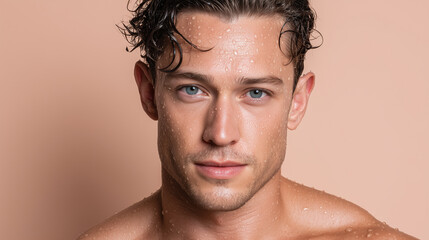 Obraz premium Hyper hydrated male glass skin with glossy sheen pastel ivory ef c b, close up portrait of wet young man with dewy skin and water droplets, soft studio lighting, neutral background