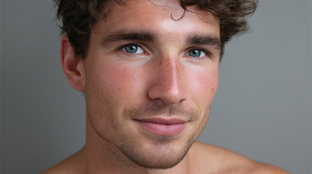 Young man with warm undertone male skin glow subtle highlight grey studio portrait closeup smiling with blue eyes and light stubble
