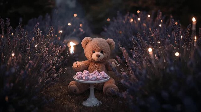 Teddy bear sits in a field of flowers with cake and lights at night