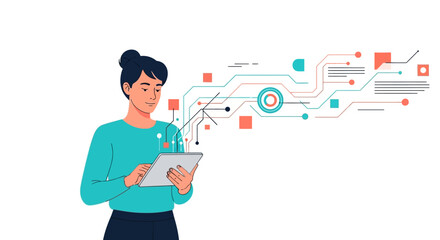 Digital Data Flow and Analysis: Woman Interacting with Tablet and Abstract Technology Network Illustration