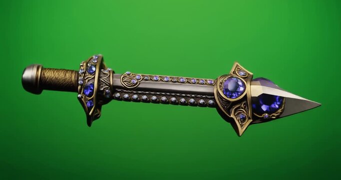 Cinematic video of a magical dagger on green screen with ornate details and gemstones