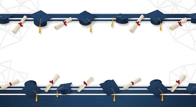 Graduation caps and diplomas border on white background festive celebration