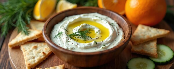 Creamy yogurt dip with olive oil and dill served with crackers and fresh orange slices on a wooden board. Refreshing appetizer perfect for parties and healthy snacking.