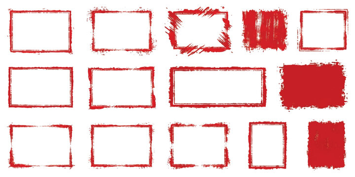 A collection of red grunge frames and distressed rectangular shapes on a white background
