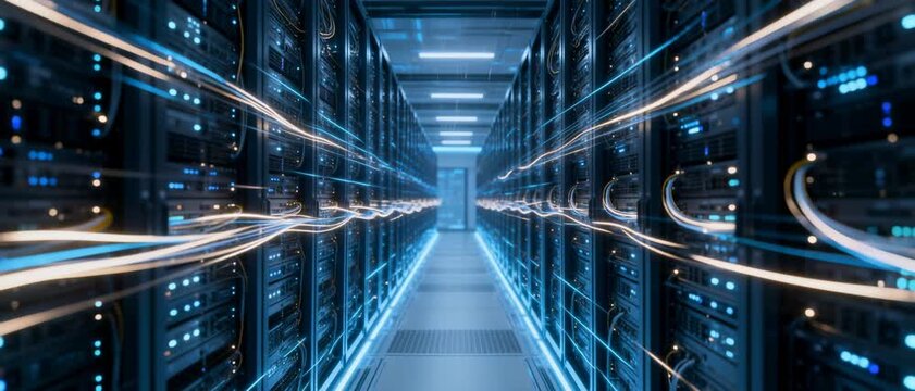 Modern Data Center Aisle with Rows of Servers and Illuminated Network Cables Supporting Cloud Computing and Data Storage Needs