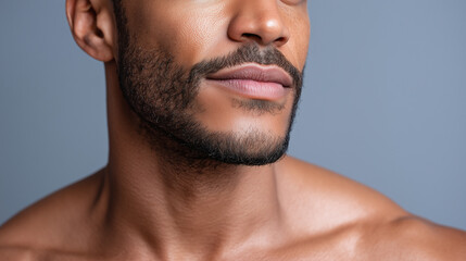 Obraz premium Moist hydrated male jawline subtle glow bright grey stud beard facial hair closeup smooth skin