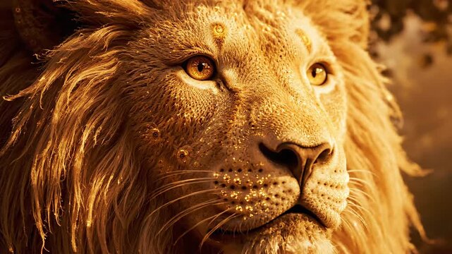 Majestic golden lion portrait with intense eyes, golden light and bokeh effect.