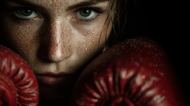 Focused caucasian female boxer with red gloves and intense stare