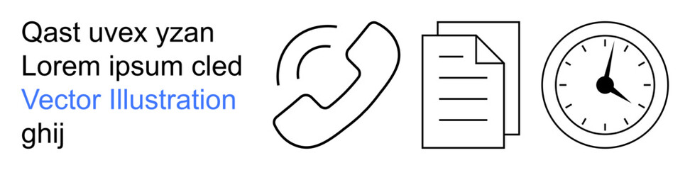 Obraz premium Business communication, time management, customer service, document handling, scheduling, organization. Phone, document and clock symbols in black and white. Business communication and time