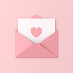 Love letter pink heart shape icon on white paper in pink envelope isolated on pink pastel color background with shadow minimal conceptual 3D rendering