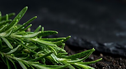 Fresh green rosemary sprigs with water droplets on dark rustic surface for culinary herbs cooking seasoning natural organic ingredients kitchen preparation.