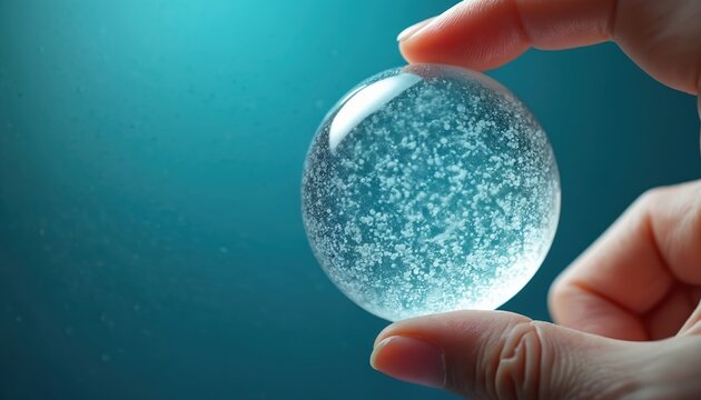 Hand holds translucent sphere containing white particles. Macro shot of clear hydrogel bubble with tiny bits. Gel material suspended in liquid.
