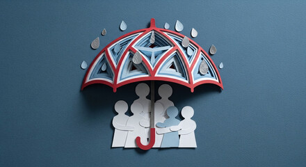 Paper cut art family protection under umbrella safety security concept