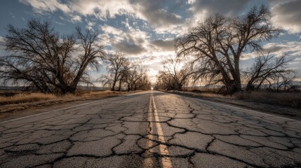 Cracked road leading through bare trees at sunset under cloudy sky