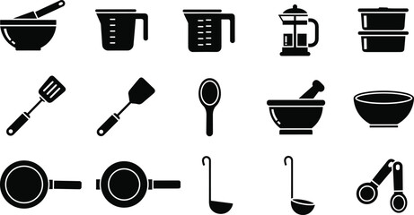 Obraz premium Kitchenware and Cooking Utensils Icon Set, Professional Culinary Tools Vector Illustration, Black Silhouette Symbols for Restaurant Menu Design and Home Kitchen Branding