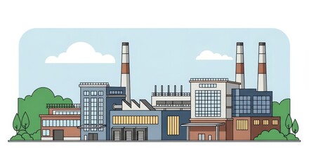 Obraz premium Industrial Factory Building Complex Illustration with Smokestacks and Trees Under Blue Sky