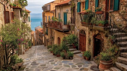 Fototapeta premium Charming village alley with rustic architecture and seaside view