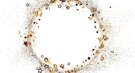Obraz premium Abstract golden stars and glitter create a circular frame on a white backdrop, perfect for festive designs and events. G
