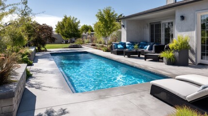 Fototapeta premium Modern backyard with pool and outdoor seating in sunlit residential area