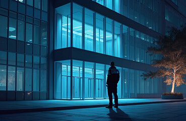 Fototapeta premium Guard watches modern office building at night. Security officer patrols illuminated facade, ensuring premise safety and protection. Vigilant man observes dark urban exterior.