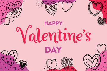 Cute Valentine&rsquo;s Day greeting card with cartoon hearts. Background with hand drawn elements. Vector illustration