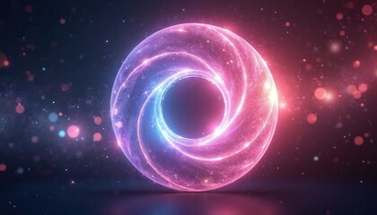 Obraz premium Swirling energy portal with pink and blue light glows. Abstract vortex with sparkles on dark background. Digital orb effect for tech or magic themes.