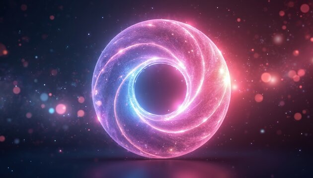 Swirling energy portal with pink and blue light glows. Abstract vortex with sparkles on dark background. Digital orb effect for tech or magic themes.