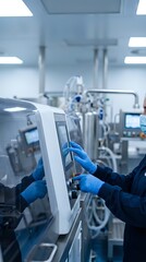 Naklejka premium Pharmaceutical technician operating modern manufacturing equipment in sterile laboratory facility with advanced control systems and safety protocols.