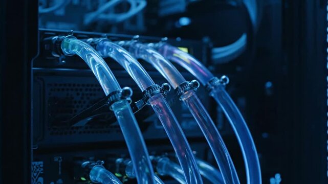 Close up of liquid cooling system, PC, technology, colorful tubing, water cooling