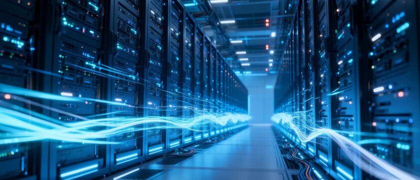 Modern Data Center Aisle Featuring Glowing Server Racks and Dynamic Light Trails Symbolizing High-Speed Data Transfer and Digital Connectivity