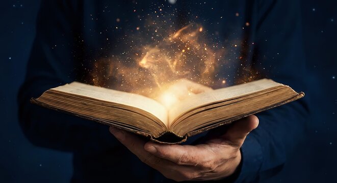Open book with magical golden light and sparkles floating above pages held in hands against dark starry background for fantasy storytelling concepts.