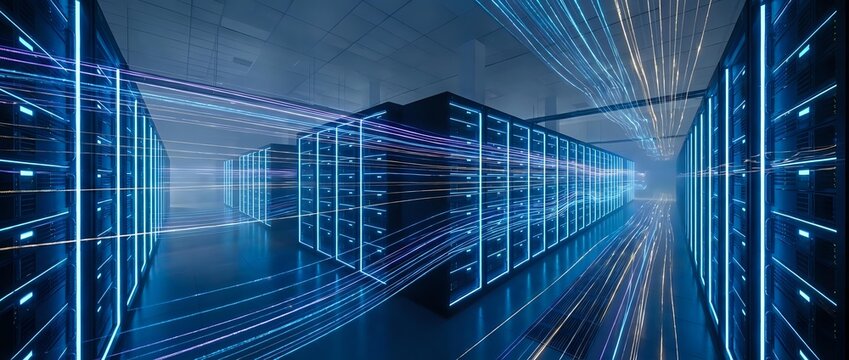 Modern data center server room with glowing blue network connections and light trails representing high-speed data transfer and cloud computing infrastructure.