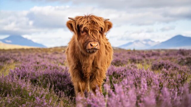 Highland cow calf standing in a purple heather field in Scotland